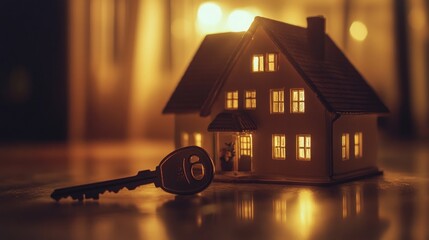 Illuminated house model with key, signifying homeownership.