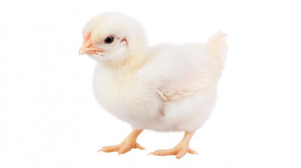 Obraz premium A fluffy, white chick stands on a white background, showcasing its soft feathers and curious expression, embodying the innocence of young poultry.