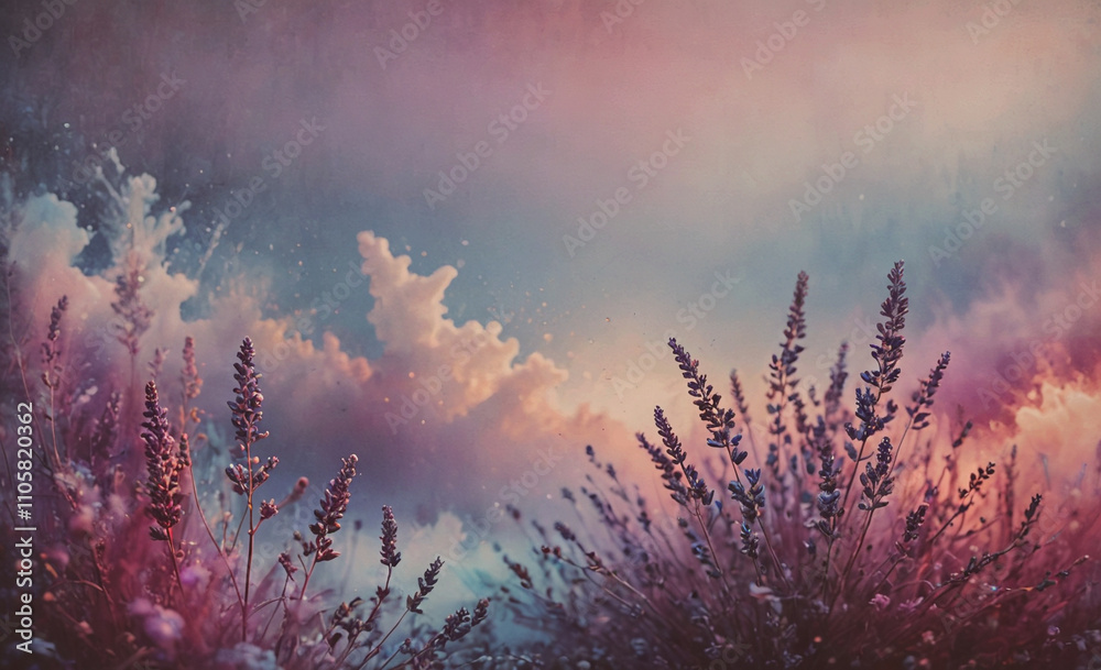 Aufkleber field of purple flowers with a cloudy sky in the background. the sky is mostly blue with some white 