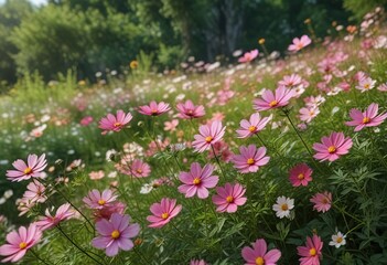Cosmos flowers in full bloom with green foliage background, garden, foliage, cosmos