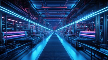 Obraz premium A futuristic corridor filled with vibrant blue and pink neon lights, showcasing a high-tech industrial environment.