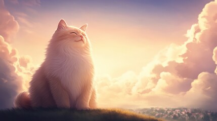 A majestic cat sits peacefully against a vibrant sunset, surrounded by fluffy clouds, embodying tranquility and beauty in nature.
