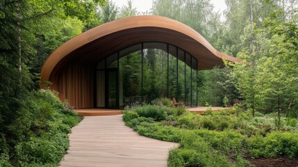 A modern, curved wooden structure nestled in a lush green forest, featuring large glass windows and a winding pathway.