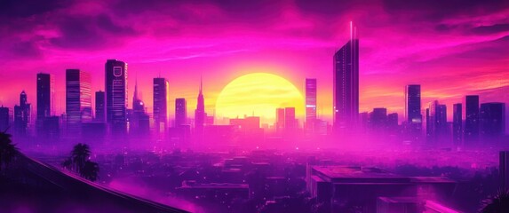 Fototapeta premium A breathtaking wide-angle view of a cyberpunk city skyline.