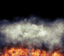 Fire burning with intense smoke above empty black background