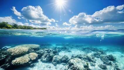 Obraz premium A picturesque blend of marine life and sunlit skies in a tranquil tropical setting.