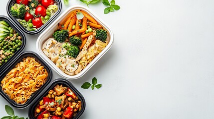 A colorful assortment of healthy meal prep containers featuring vegetables, noodles, and protein, arranged beautifully on a light surface.