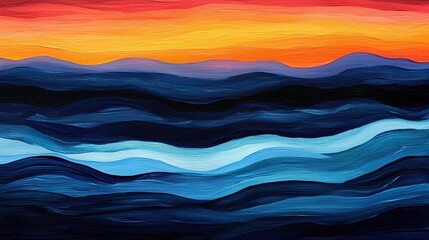 Abstract Ocean Waves at Sunset with Vibrant Colors in Bold Brush Strokes