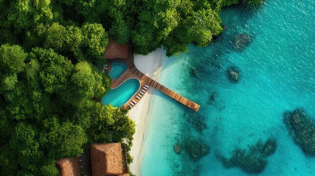 Bird's eye view of a tropical resort with lush jungle, infinity pools, and winding boardwalks over a sparkling blue ocean, Realism, Photography - Powered by Adobe