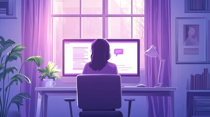 Woman working from home at a computer.  Sunlight streams through a window into a cozy home office.  Calm, productive, home workspace.