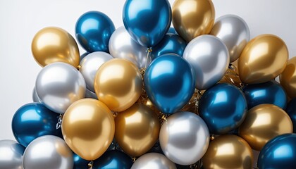 blue, gold, and silver balloon decoration on a white background