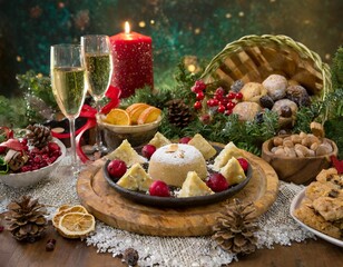 Gourmet Holiday Feast With Christmas-Themed Table and Seasonal Delights