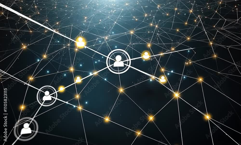Poster dynamic visualization of a digital network illustrating connections and data flow across multiple no