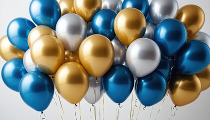 blue, gold, and silver balloon decoration on a white background