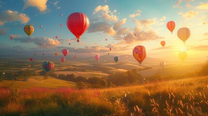 Fototapeta premium Colorful hot air balloons fly over scenic landscape at sunset.