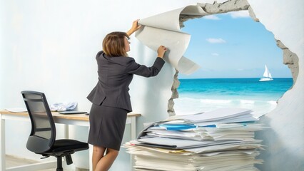 A professional woman in a suit pulls back wall paper to unveil a beautiful ocean view. The office is filled with stacks of paper, and a sailboat can be seen in the distance under a clear blue sky, cre
