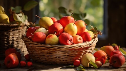 Autumn Harvest Apples, Pears, and Blackberries in Rustic Basket