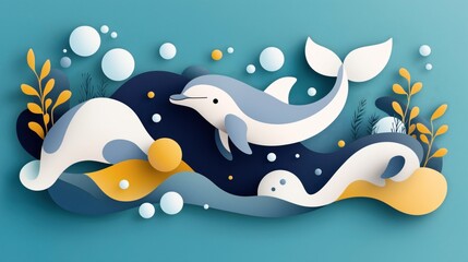 Abstract illustration of a dolphin in ocean with waves, bubbles, and seaweed in a paper cut art style on a blue background
