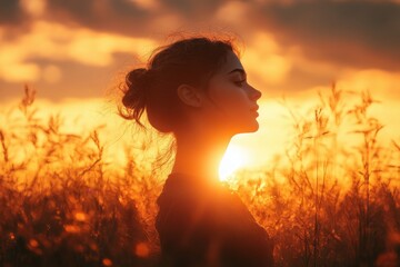 A girl standing alone in a field, her silhouette framed by a golden sunset, evoking a sense of peace and introspection 