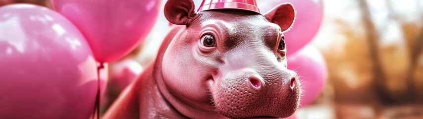Naklejka premium Snarky baby hippo celebrates with balloons at a colorful outdoor party animal photography playful atmosphere close-up view whimsical concept
