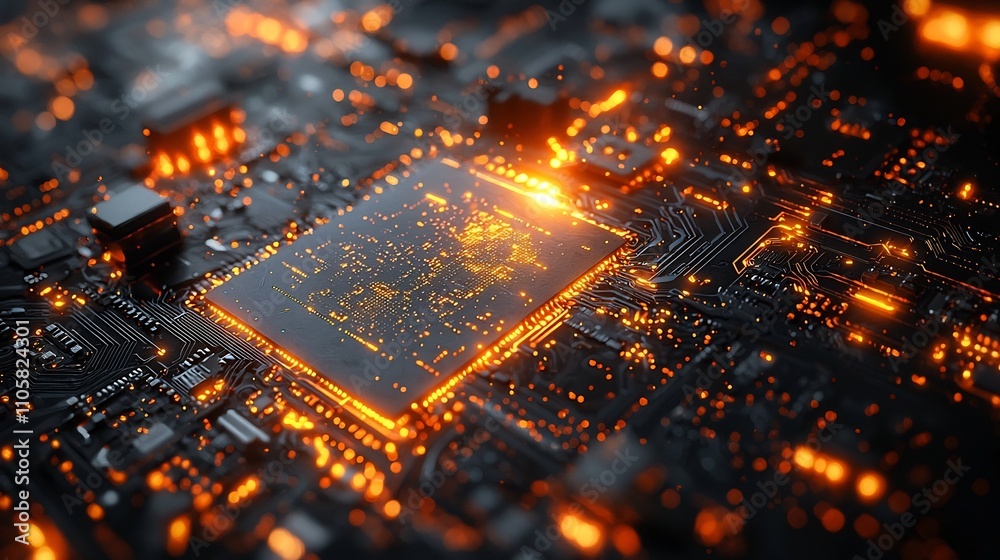 Poster glowing futuristic computer chip with intricate microcircuitry symbolizing advanced computing power 