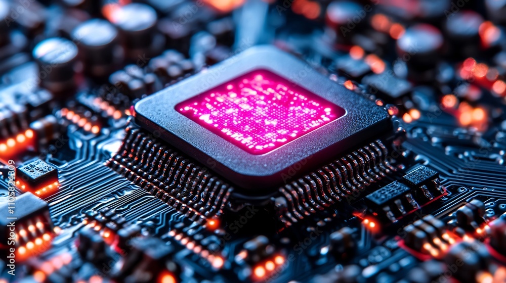 Poster glowing futuristic microchip circuitry symbolizing advanced computing power