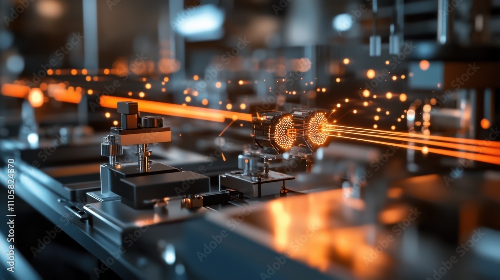 Poster A dynamic portrayal of quantum sensors in action, with beams of light and precision circuitry highlighted in sharp detail