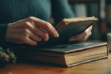 A person is gently flipping through the pages of an antique book, showcasing its worn and textured...