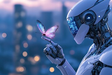 Robot with cyber butterfly against futuristic cityscape