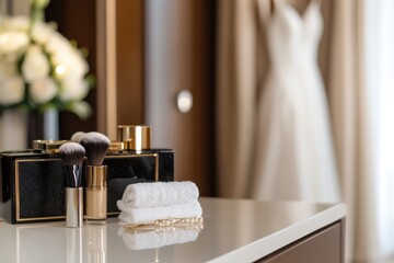 An artistic setup showcasing high-quality makeup brushes and accessories, paired with an elegant wedding dress in the background, offering a sophisticated bridal aesthetic.