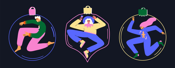 Christmas and Happy New Year collection of dancing people in tree toy. Women and man celebrate New Year. Vector illustration. 
