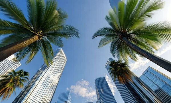 Tall skyscrapers reflect sunlight while palm trees sway gently, creating a lively city atmosphere in a bright, sunny setting