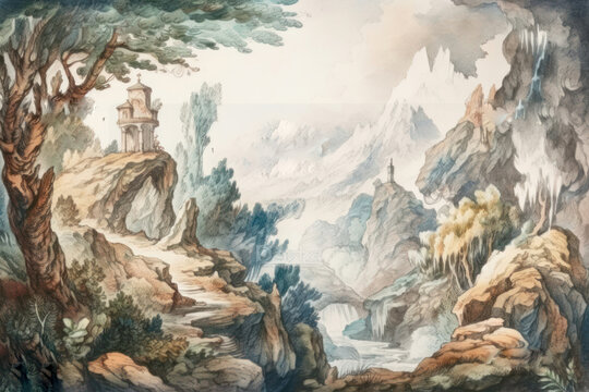 fantasy landscape made in watercolor technique. In the foreground are tall trees and rocky cliffs covered with vegetation.  