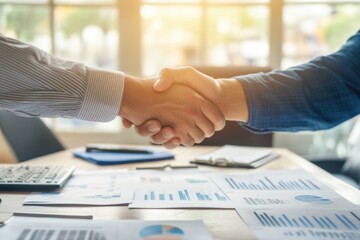 Business partners shaking hands in an office environment, showcasing collaboration, agreement, and teamwork amidst financial documents and data analysis on table