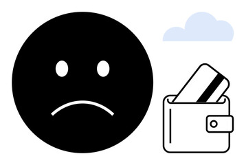 Sad face and wallet with credit card under a cloud. Ideal for finance, budgeting, debt, sadness, disappointment, financial stress, and caution themes. Line metaphor