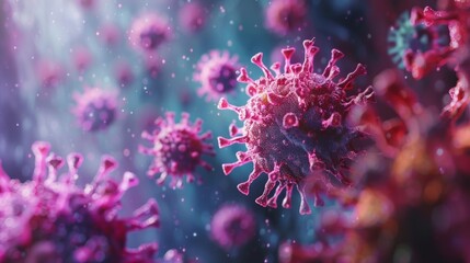 Artistic depiction of COVID-19 particles in blue, pink, purple, and green, showcasing depth and dimensions.