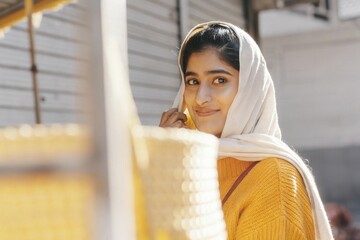 A young woman wearing a yellow sweater and a light shawl stands at an outdoor market, smiling warmly. The setting features colorful woven baskets, hinting at a busy day filled with vibrant activity an - Powered by Adobe