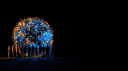 Silhouettes facing a glowing digital network globe.
