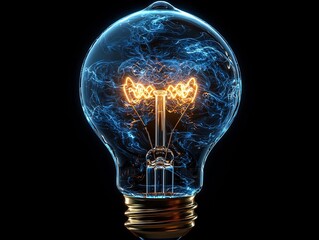 Transparent Light Bulb with Swirling Electric Currents Lighting Up in Vibrant Blue and White Energy