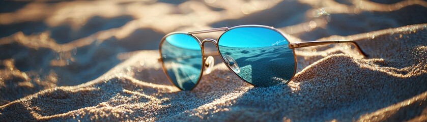 A pair of stylish sunglasses reflecting a sunny beach scene, resting on golden sand, perfect for a summer vacation vibe.