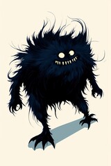 A whimsical illustration of a furry, dark-blue monster with sharp teeth and claws, a playful and slightly eerie creature that invites interpretation.