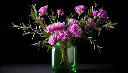 Elegant purple and pink flowers, glass vase decorating spring indoor.