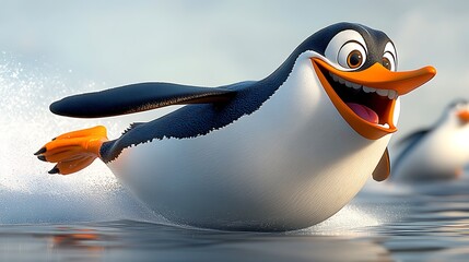 Happy Penguin on a Whirlwind Adventure: This charming penguin bursts with joy as he glides through the water.