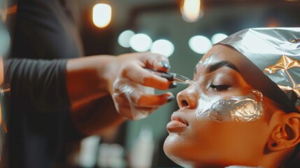 Makeup artist applying silver paint to model's face at studio. Model in silver hat with eye and cheek makeup. Artist works meticulously in bokeh-lit setting.