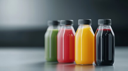 Colorful bottles of juice line up, showcasing vibrant hues of green, red, yellow, and black against a blurred background.