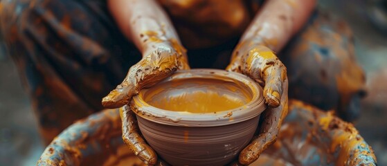 Artist's hands shaping clay on a pottery wheel showcase the craftsmanship and dedication involved. The scene captures the beauty of transforming raw material into art through manual labor.