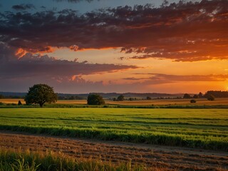 Obraz premium Countryside sunset with vibrant colors.