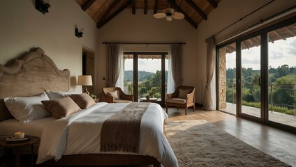 Countryside villa bedroom with picturesque view.