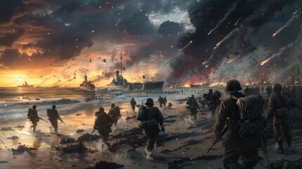 A dramatic image shows soldiers in a beach battle at dawn/dusk. Silhouettes advance from sea amidst aerial/naval combat, ships damaged, soldiers ready for dangerous task.