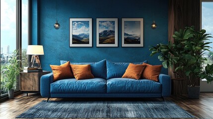 living room interior design,cozy home have Rusty sofa with blue mockup with wood cabinet and wood floor parquet, 3d render